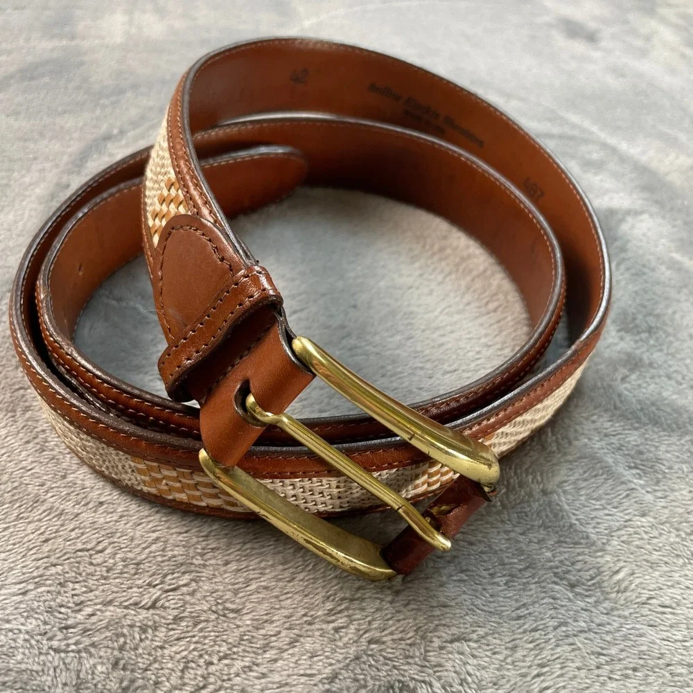 Vtg Aniline Kipskin Leather Woven Inlay Belt Solid Brass Buckle USA Mens 42